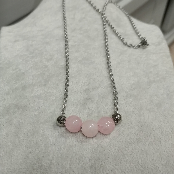 Rose Quartz Three Bead Necklace Natural Gemstone Crystal Stainless-Steel Chain - Picture 11 of 11
